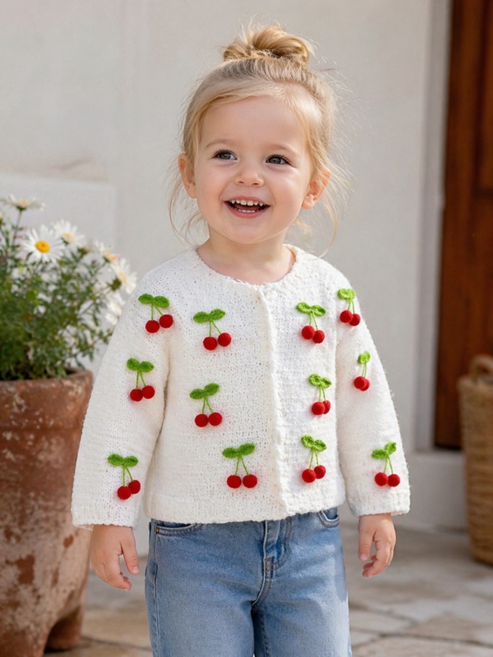 Handmade Crochet kids Cardigan with Red and Green Cherry Accents